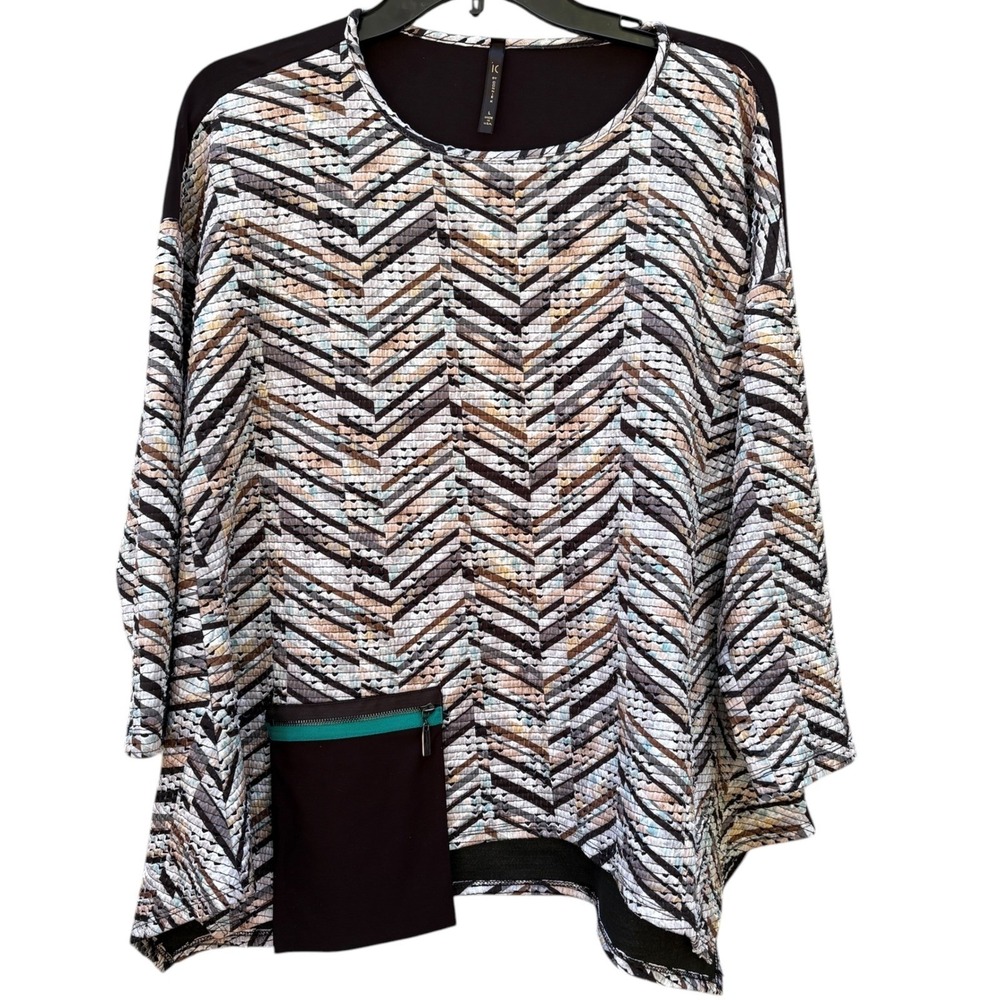 IC by Connie K Womens Large Top Multi-Color Chevron Lagenlook Oversized Artsy